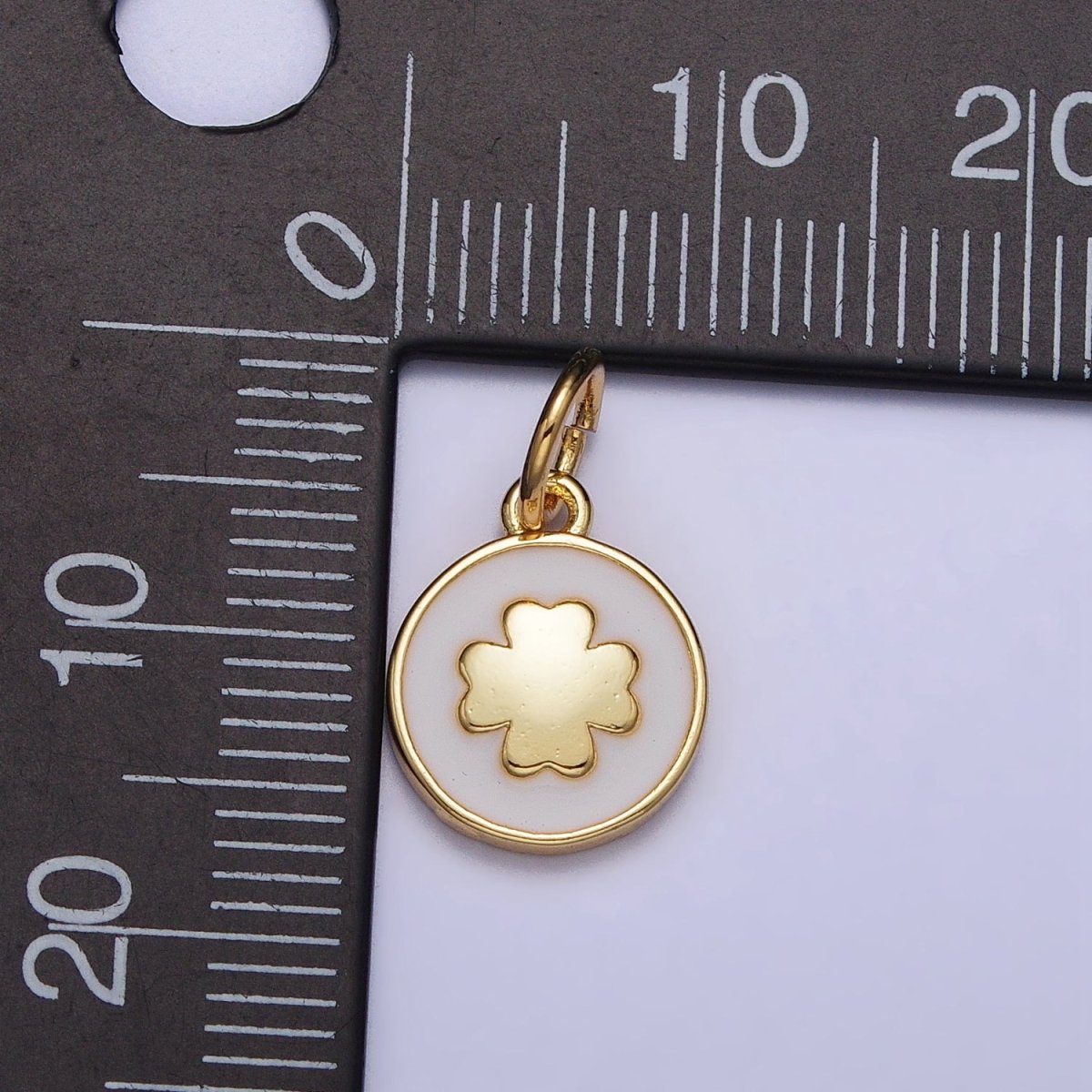 Gold, Silver Quatrefoil Clover White Enamel Round Coin Charm | AC1007 AC1008 - DLUXCA