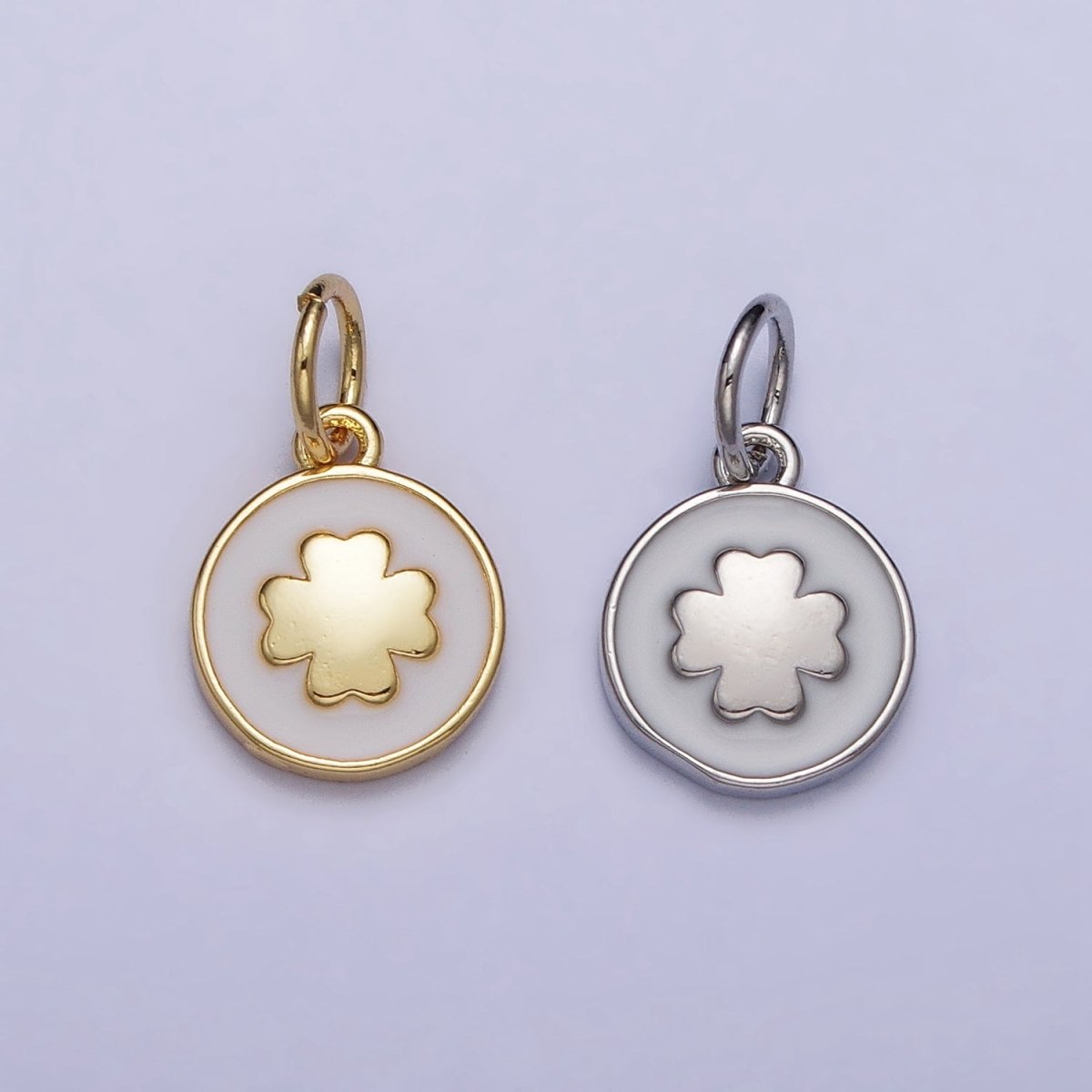 Gold, Silver Quatrefoil Clover White Enamel Round Coin Charm | AC1007 AC1008 - DLUXCA