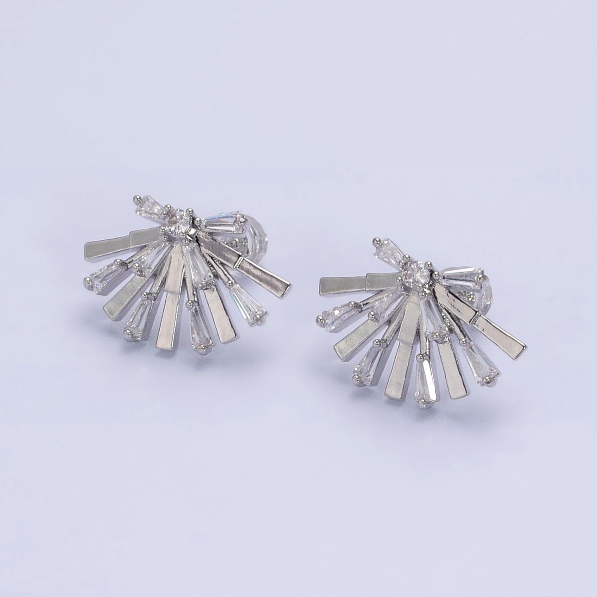 Gold, Silver Rectangular Clear CZ Baguette Geometric Fan Stud Earrings | AB635 AB636 - DLUXCA