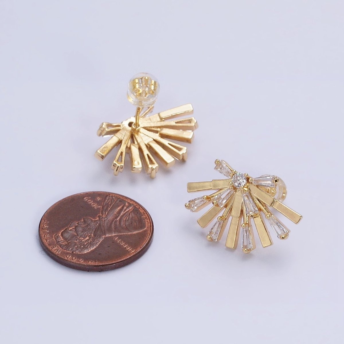 Gold, Silver Rectangular Clear CZ Baguette Geometric Fan Stud Earrings | AB635 AB636 - DLUXCA