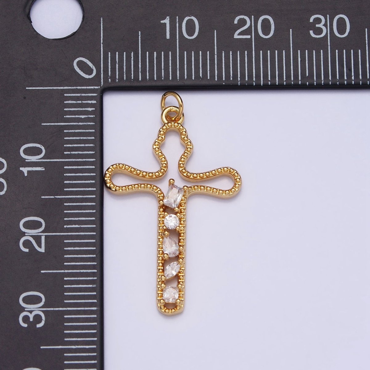 Gold, Silver Religious Beaded Abstract Wiggly Cross Clear CZ Cubic Zirconia Charm E-417 N-279 - DLUXCA