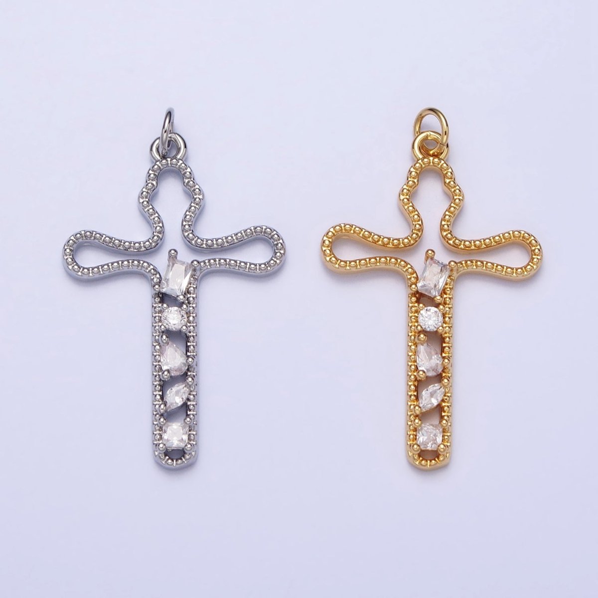 Gold, Silver Religious Beaded Abstract Wiggly Cross Clear CZ Cubic Zirconia Charm E-417 N-279 - DLUXCA