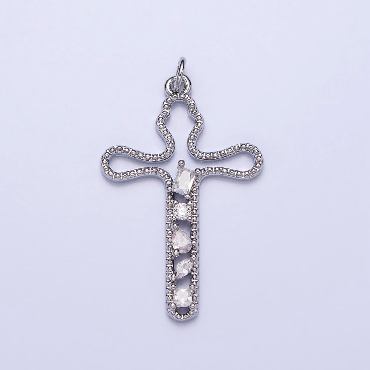 Gold, Silver Religious Beaded Abstract Wiggly Cross Clear CZ Cubic Zirconia Charm E-417 N-279 - DLUXCA