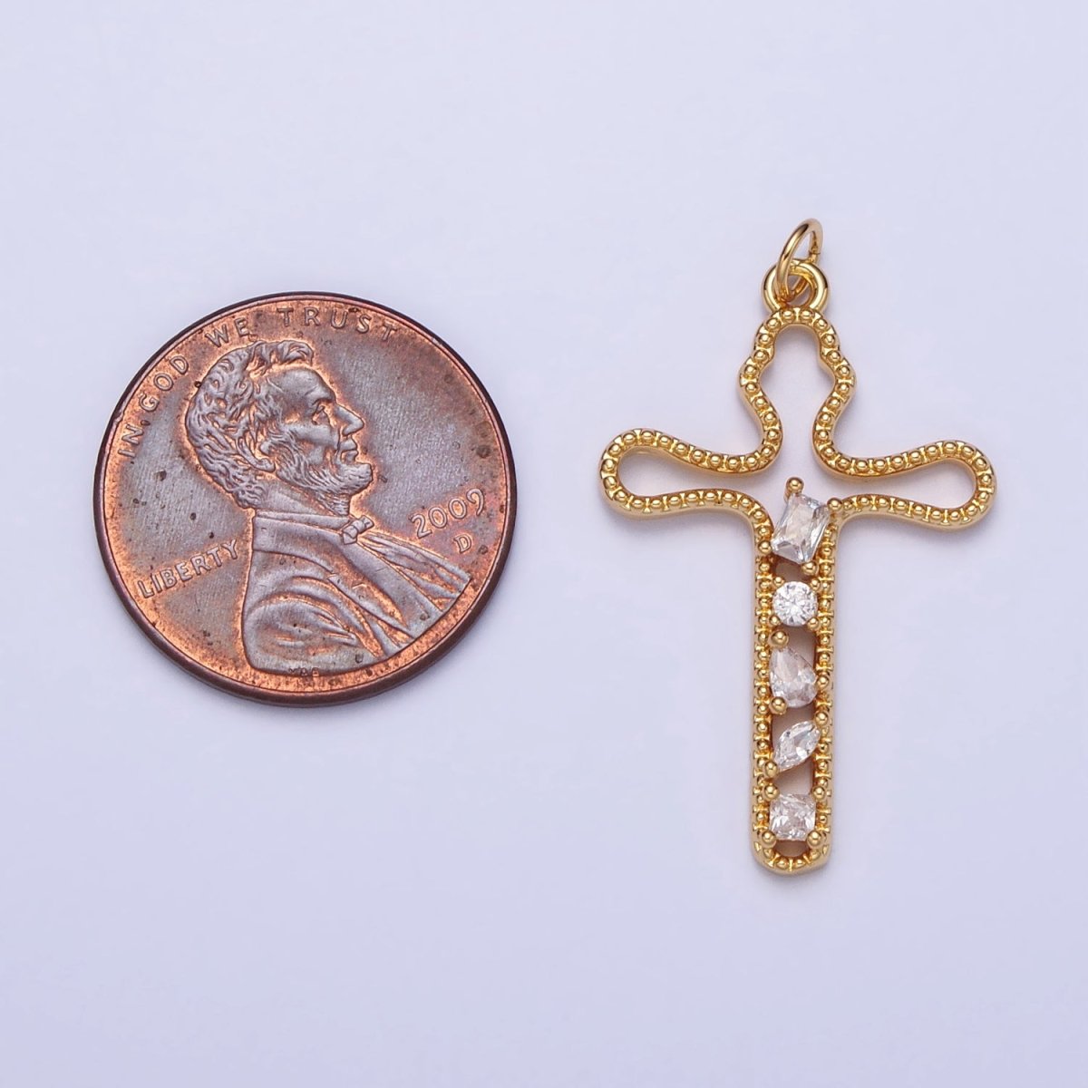 Gold, Silver Religious Beaded Abstract Wiggly Cross Clear CZ Cubic Zirconia Charm E-417 N-279 - DLUXCA