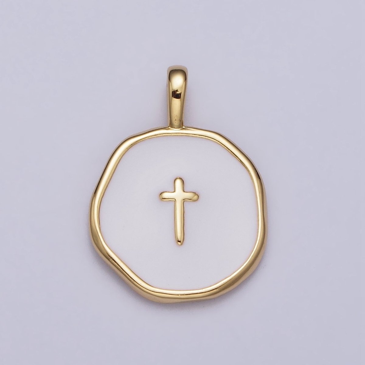 Gold, Silver Religious Latin Cross White Enamel Round Stamped Charm | AG-025 AC1139 - DLUXCA