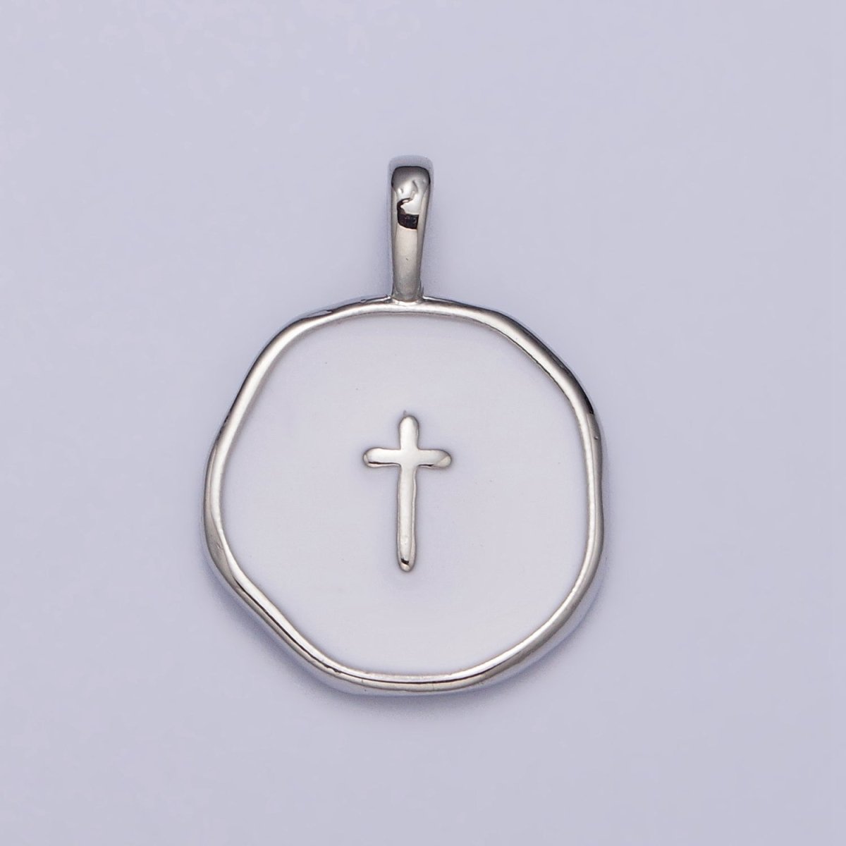 Gold, Silver Religious Latin Cross White Enamel Round Stamped Charm | AG-025 AC1139 - DLUXCA