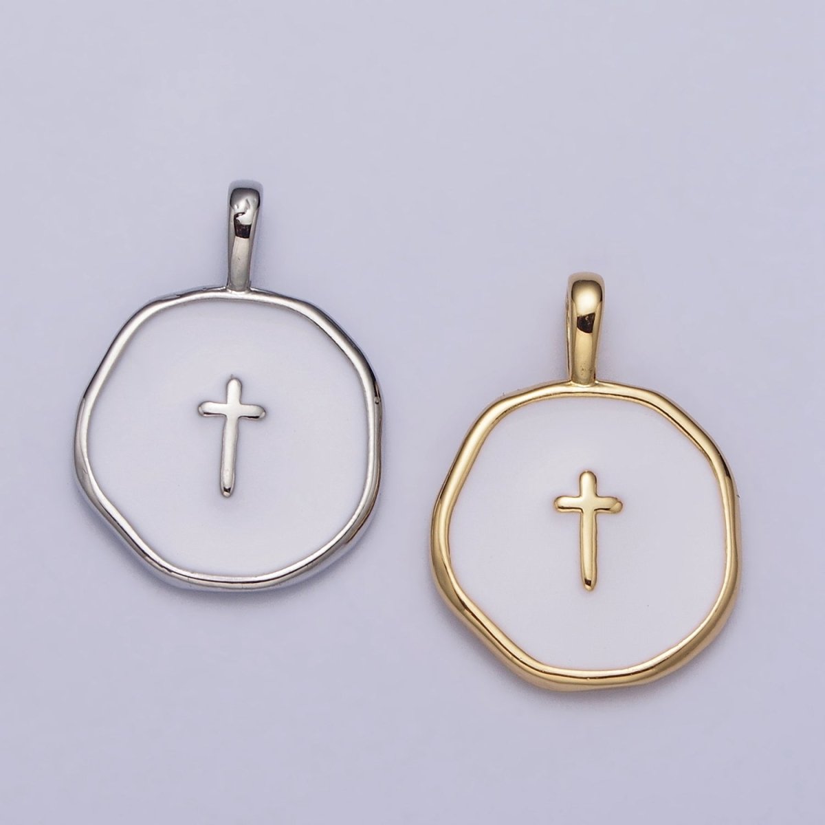 Gold, Silver Religious Latin Cross White Enamel Round Stamped Charm | AG-025 AC1139 - DLUXCA