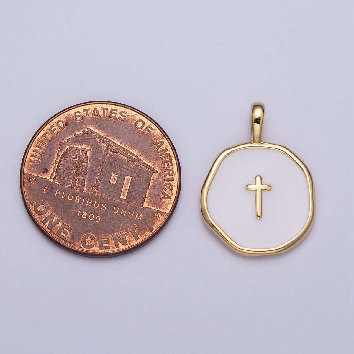 Gold, Silver Religious Latin Cross White Enamel Round Stamped Charm | AG-025 AC1139 - DLUXCA