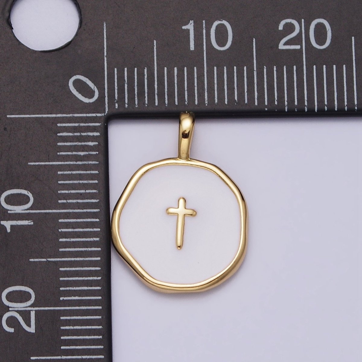 Gold, Silver Religious Latin Cross White Enamel Round Stamped Charm | AG-025 AC1139 - DLUXCA