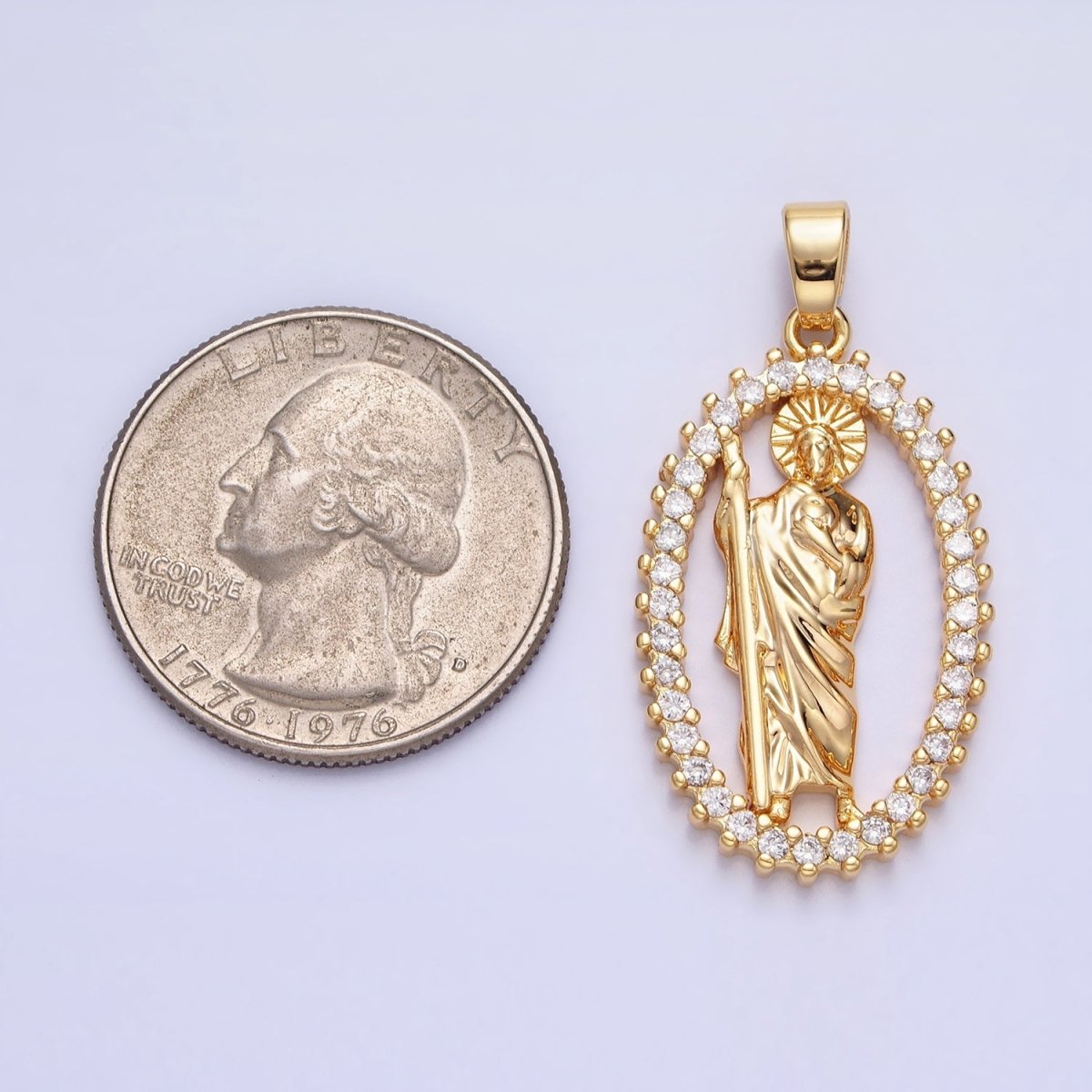Gold, Silver Religious Saint St. Jude Thaddaeus Open Micro Paved CZ Oval Pendant | AA401 AA402 - DLUXCA
