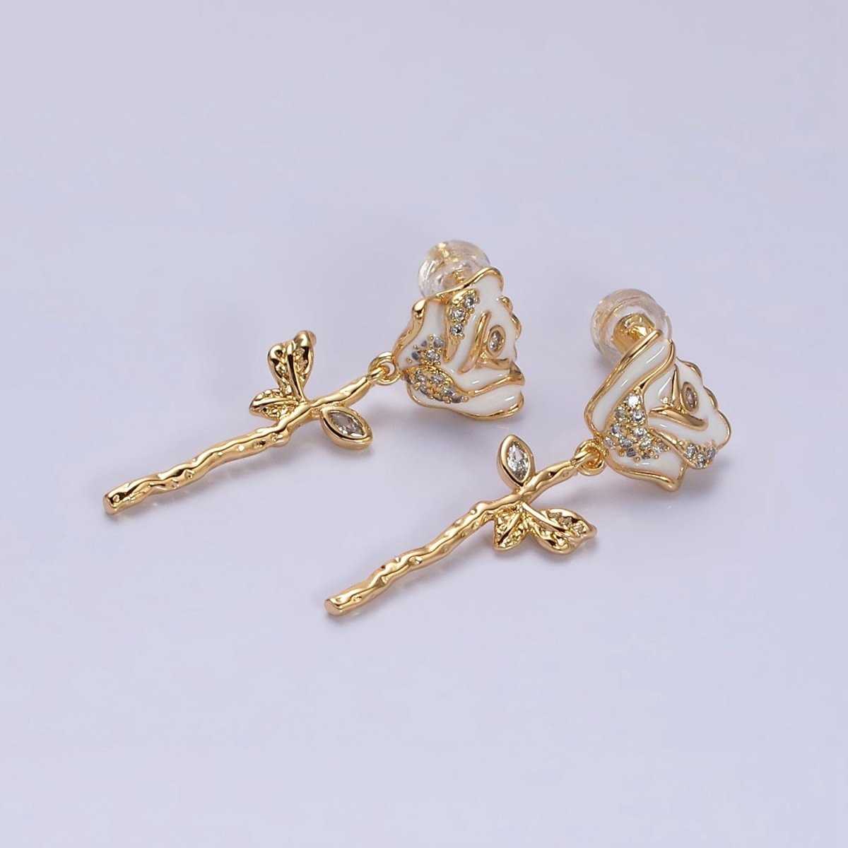 Gold, Silver Rose Flower White Enamel Micro Paved CZ Marquise Leaf Linear Stud Earrings | AD958 AD958 - DLUXCA