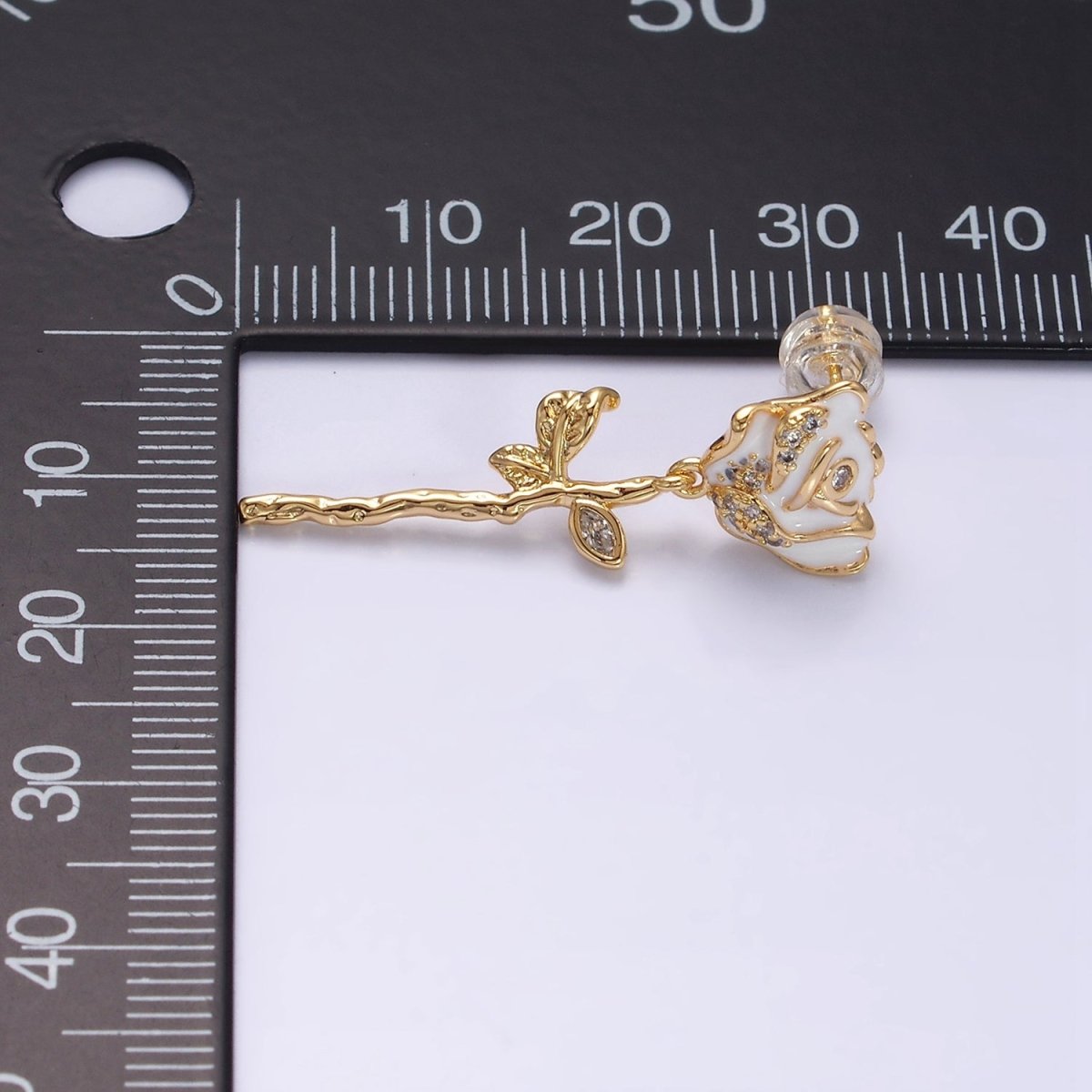 Gold, Silver Rose Flower White Enamel Micro Paved CZ Marquise Leaf Linear Stud Earrings | AD958 AD958 - DLUXCA