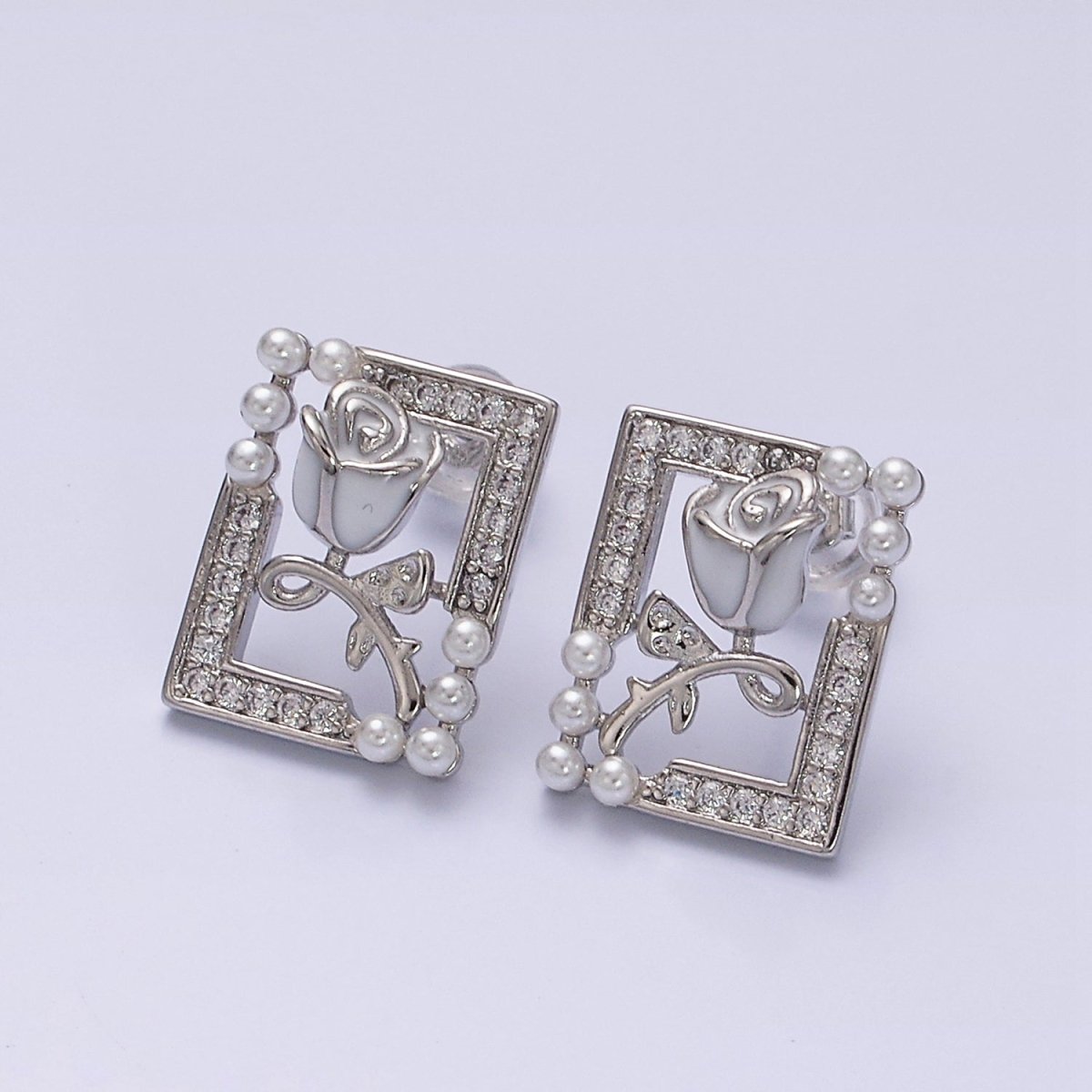 Gold, Silver Rose Flower White Enamel Pearl Micro Paved Open Rectangular Stud Earrings | AD970 AD971 - DLUXCA