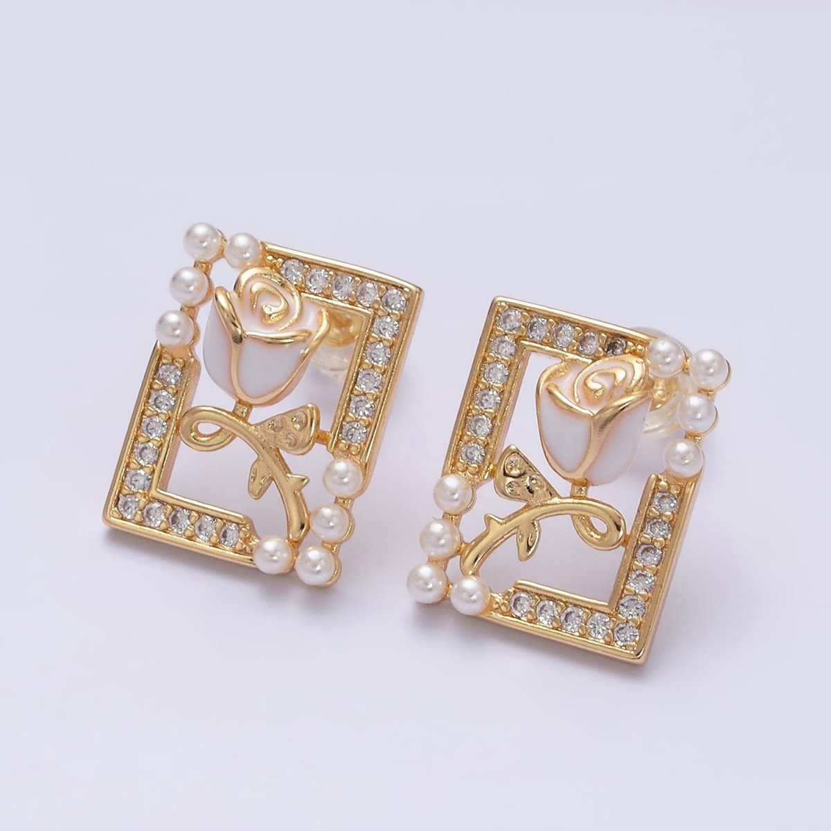 Gold, Silver Rose Flower White Enamel Pearl Micro Paved Open Rectangular Stud Earrings | AD970 AD971 - DLUXCA