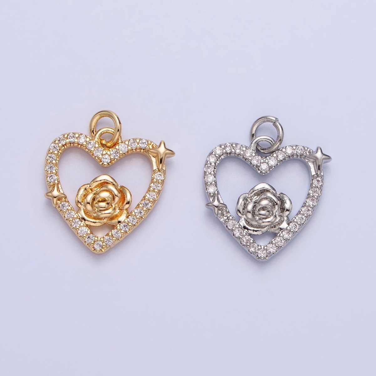 Gold, Silver Rose Star Micro Paved Open Heart Charm | AC717 AC718 - DLUXCA