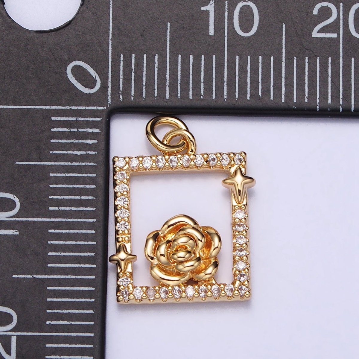 Gold, Silver Rose Star Micro Paved Open Square Rectangular Charm | AC699 AC700 - DLUXCA