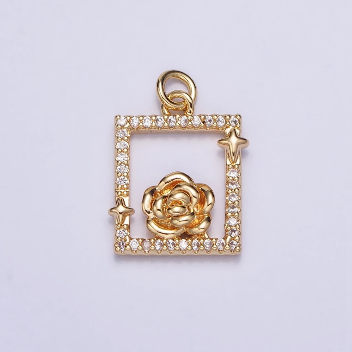 Gold, Silver Rose Star Micro Paved Open Square Rectangular Charm | AC699 AC700 - DLUXCA