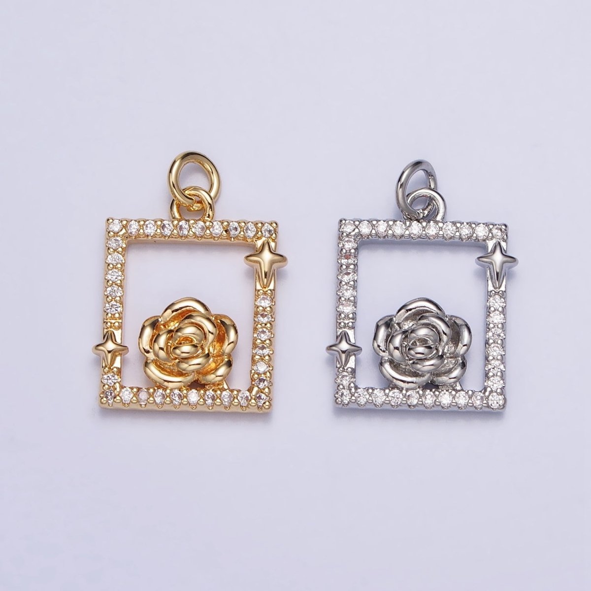 Gold, Silver Rose Star Micro Paved Open Square Rectangular Charm | AC699 AC700 - DLUXCA