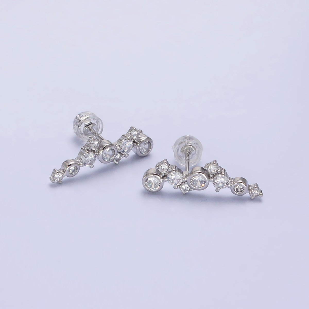 Gold, Silver Round Clear Bezel CZ Stars Abstract Lined Stud Earrings | AB578 AB579 - DLUXCA