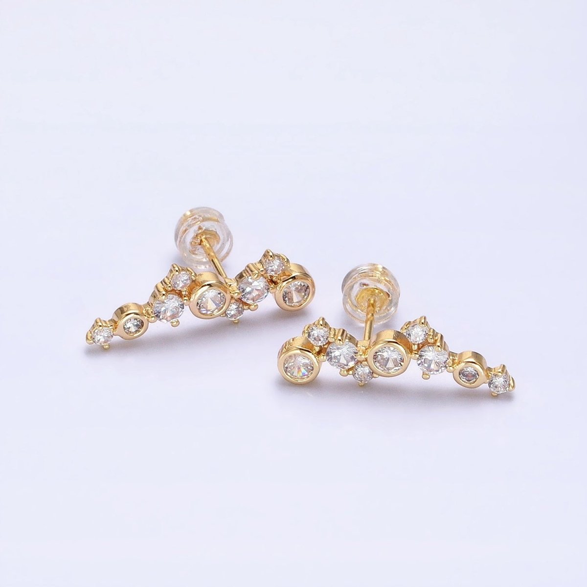 Gold, Silver Round Clear Bezel CZ Stars Abstract Lined Stud Earrings | AB578 AB579 - DLUXCA