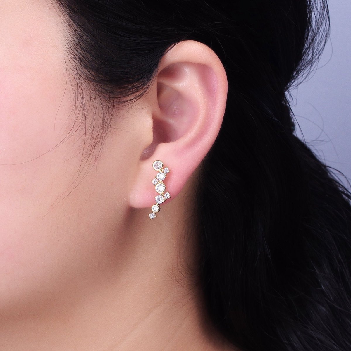 Gold, Silver Round Clear Bezel CZ Stars Abstract Lined Stud Earrings | AB578 AB579 - DLUXCA