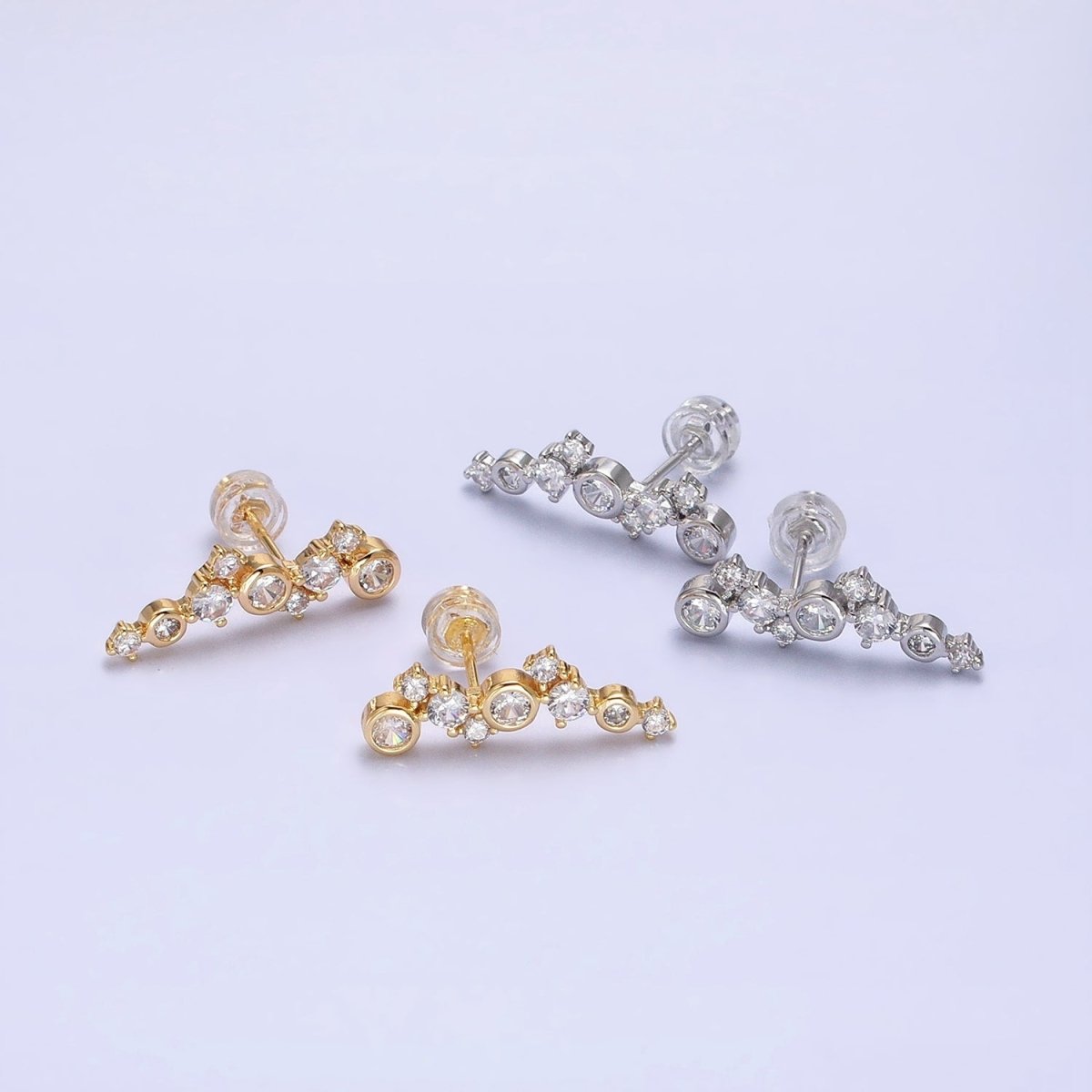 Gold, Silver Round Clear Bezel CZ Stars Abstract Lined Stud Earrings | AB578 AB579 - DLUXCA