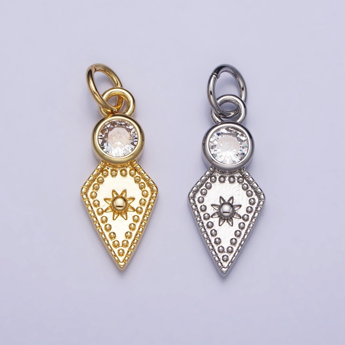 Gold, Silver Round Clear CZ Celestial Sun Star Rhombus Spade Arrow Charm | AC980 AC988 - DLUXCA