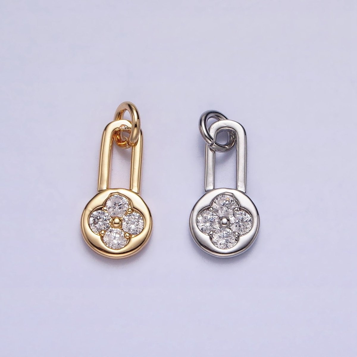 Gold, Silver Round Clear CZ Quatrefoil Clover Lock Add-On Charm | AC613 AC614 - DLUXCA