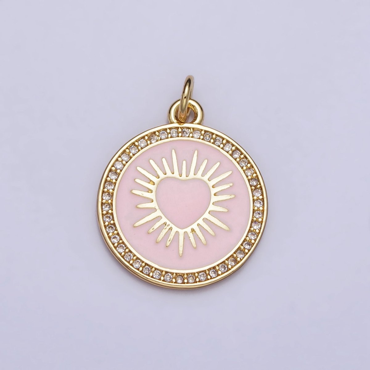 Gold, Silver Sacred Sunburst Ray Heart Pink Enamel Micro Paved Round Charm | AC1013 AC1014 - DLUXCA