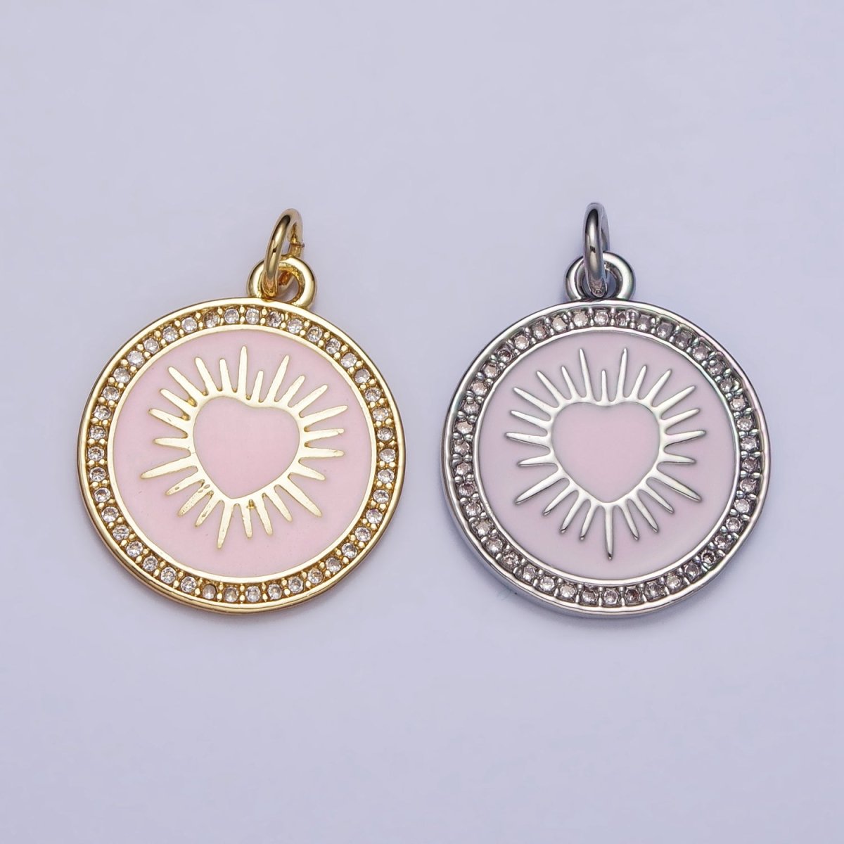 Gold, Silver Sacred Sunburst Ray Heart Pink Enamel Micro Paved Round Charm | AC1013 AC1014 - DLUXCA