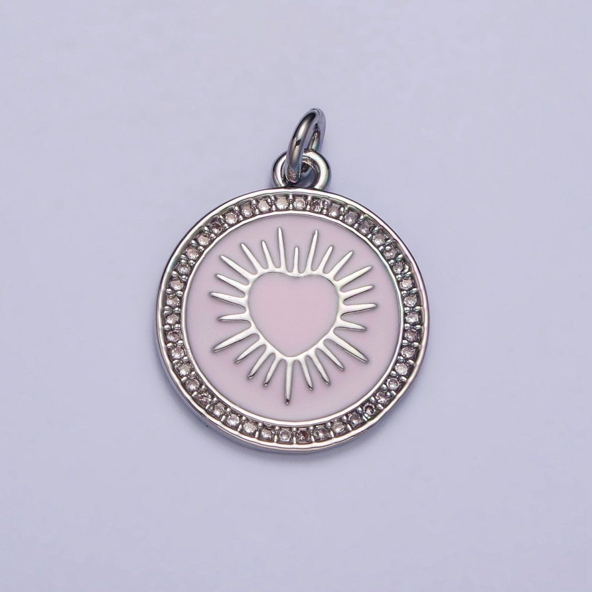 Gold, Silver Sacred Sunburst Ray Heart Pink Enamel Micro Paved Round Charm | AC1013 AC1014 - DLUXCA