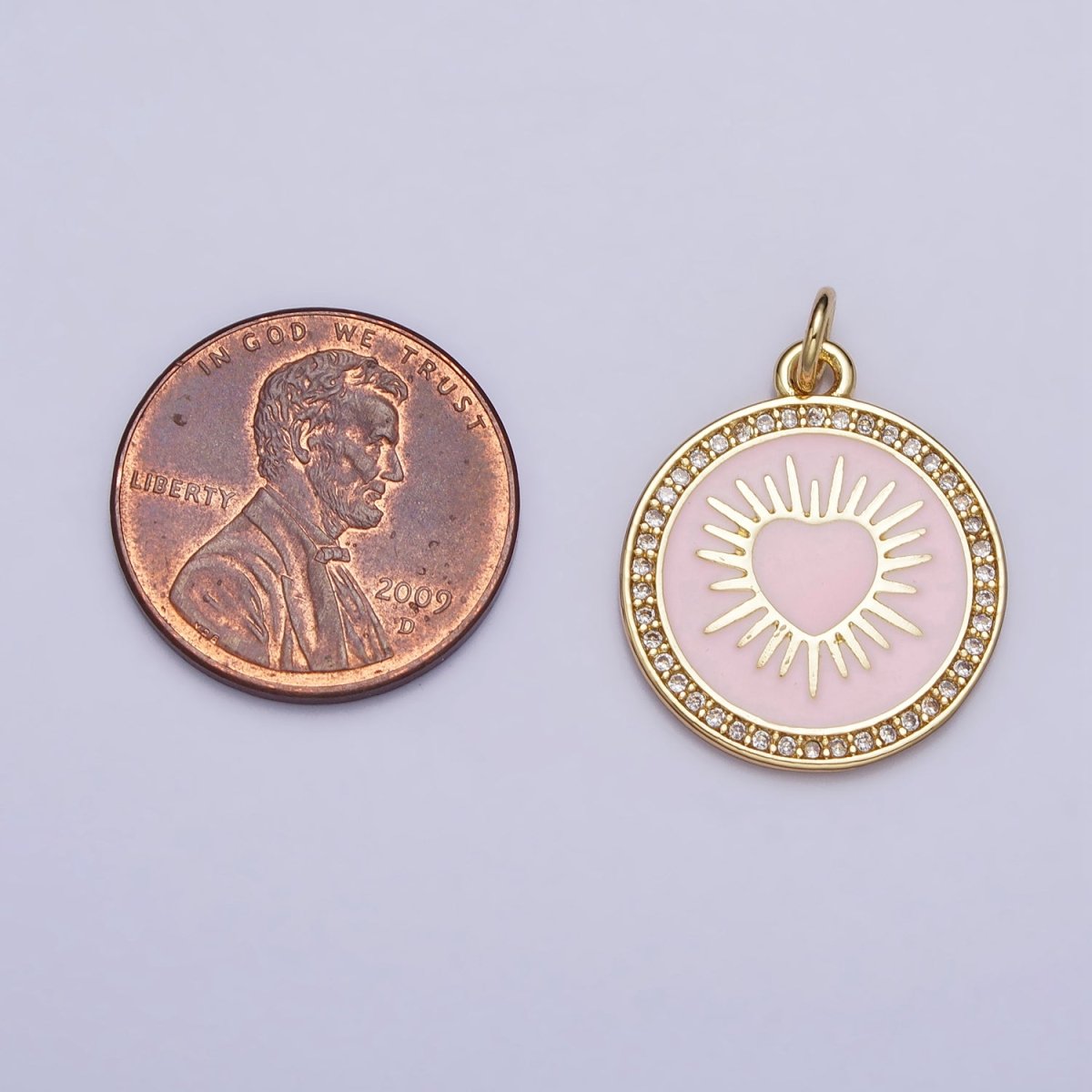 Gold, Silver Sacred Sunburst Ray Heart Pink Enamel Micro Paved Round Charm | AC1013 AC1014 - DLUXCA