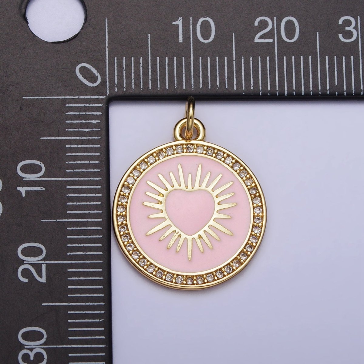 Gold, Silver Sacred Sunburst Ray Heart Pink Enamel Micro Paved Round Charm | AC1013 AC1014 - DLUXCA