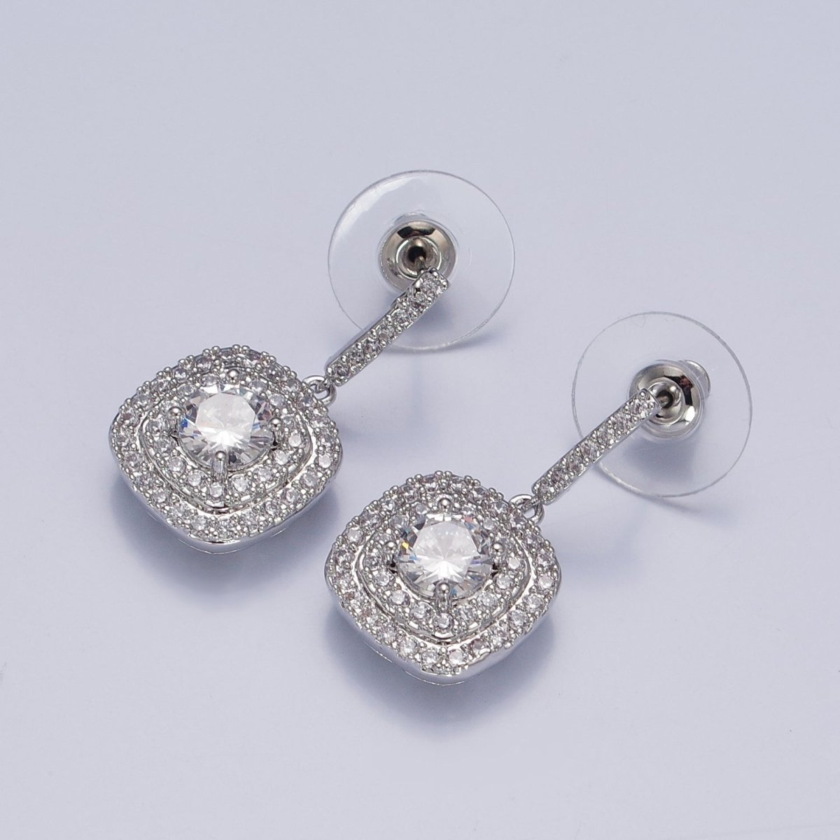 Gold, Silver Square Micro Paved Round Clear CZ Drop Linear Stud Earrings | AB201 AB202 - DLUXCA