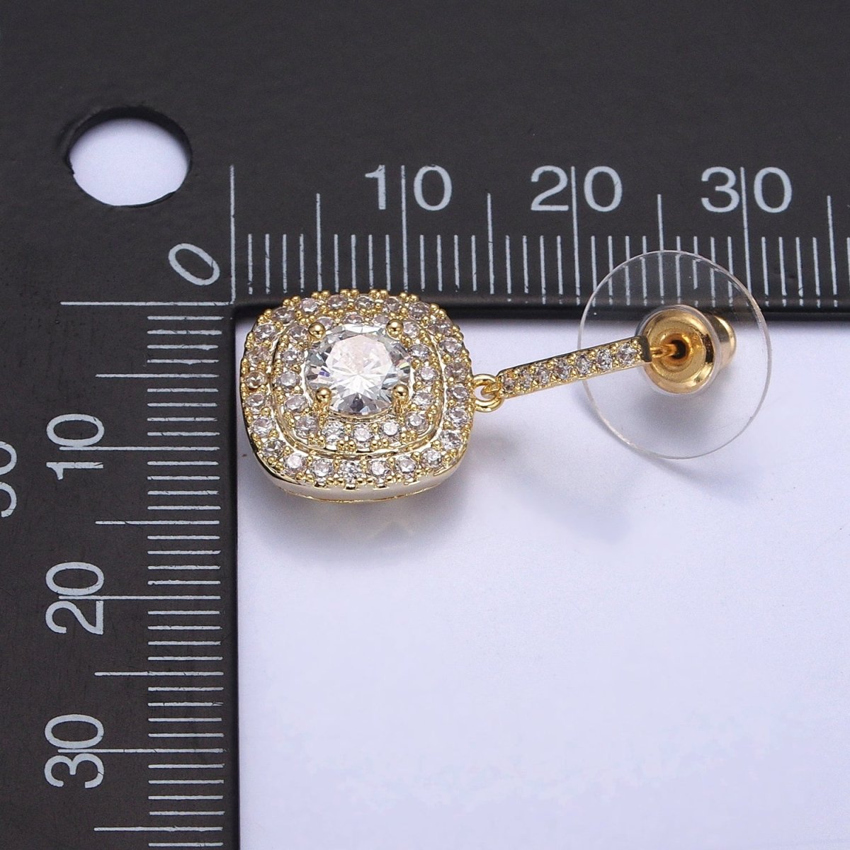 Gold, Silver Square Micro Paved Round Clear CZ Drop Linear Stud Earrings | AB201 AB202 - DLUXCA