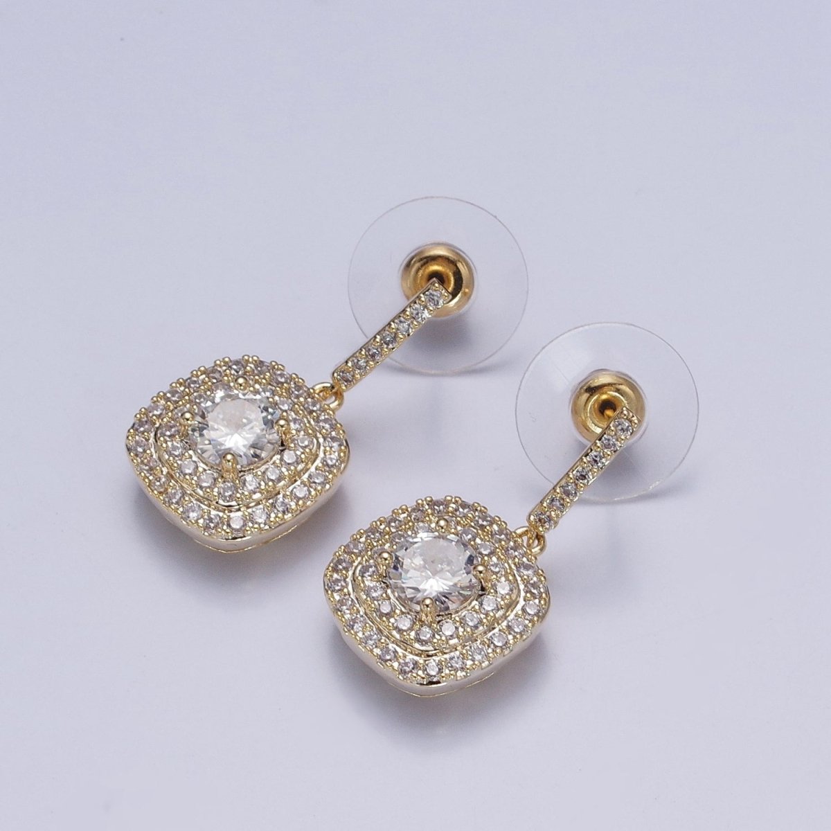 Gold, Silver Square Micro Paved Round Clear CZ Drop Linear Stud Earrings | AB201 AB202 - DLUXCA