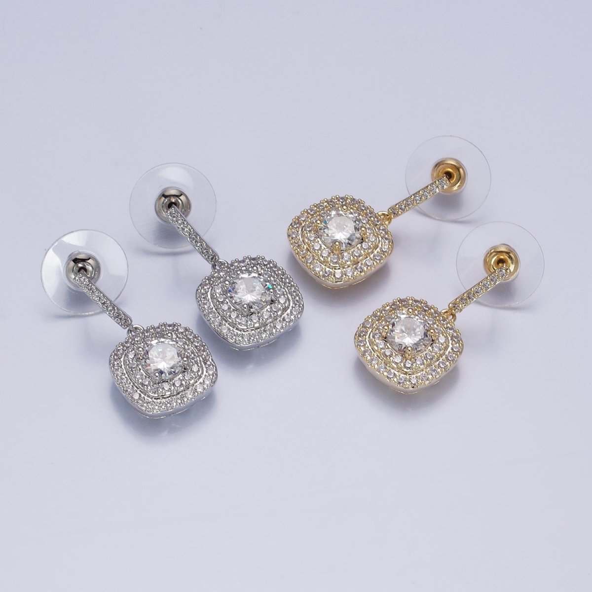 Gold, Silver Square Micro Paved Round Clear CZ Drop Linear Stud Earrings | AB201 AB202 - DLUXCA