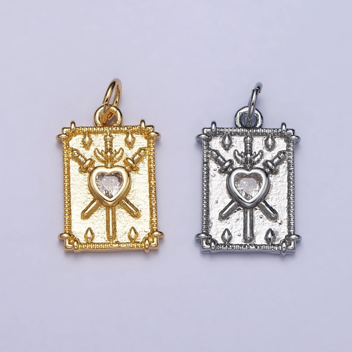 Gold, Silver Tarot "Three of Swords" Clear CZ Heart Rectangular Charm | AC997 AC998 - DLUXCA
