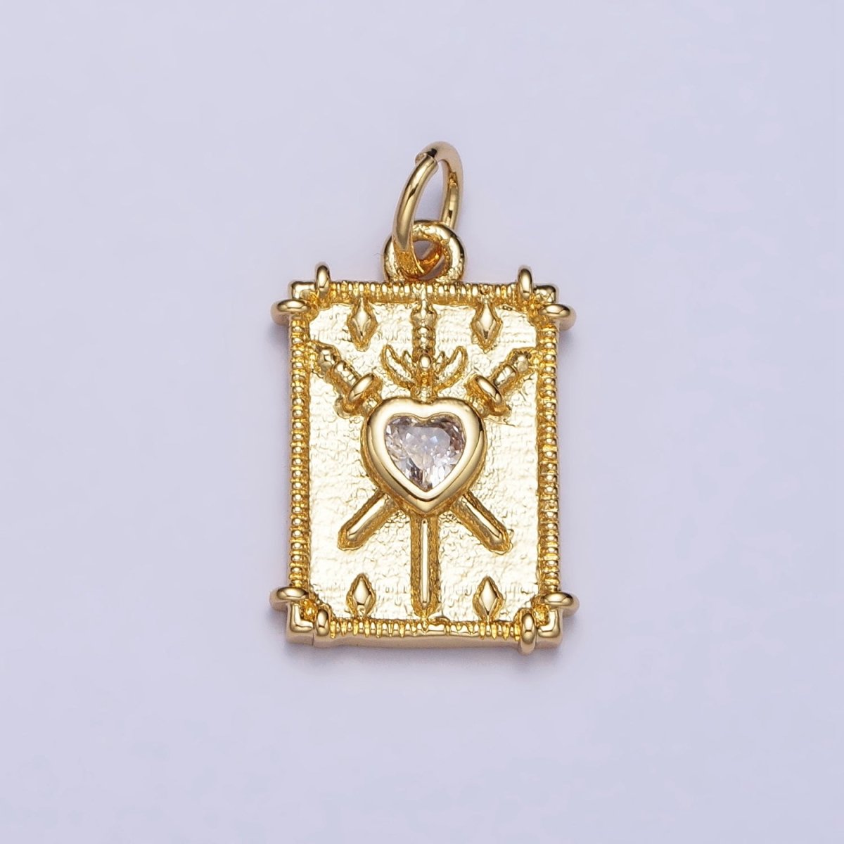 Gold, Silver Tarot "Three of Swords" Clear CZ Heart Rectangular Charm | AC997 AC998 - DLUXCA