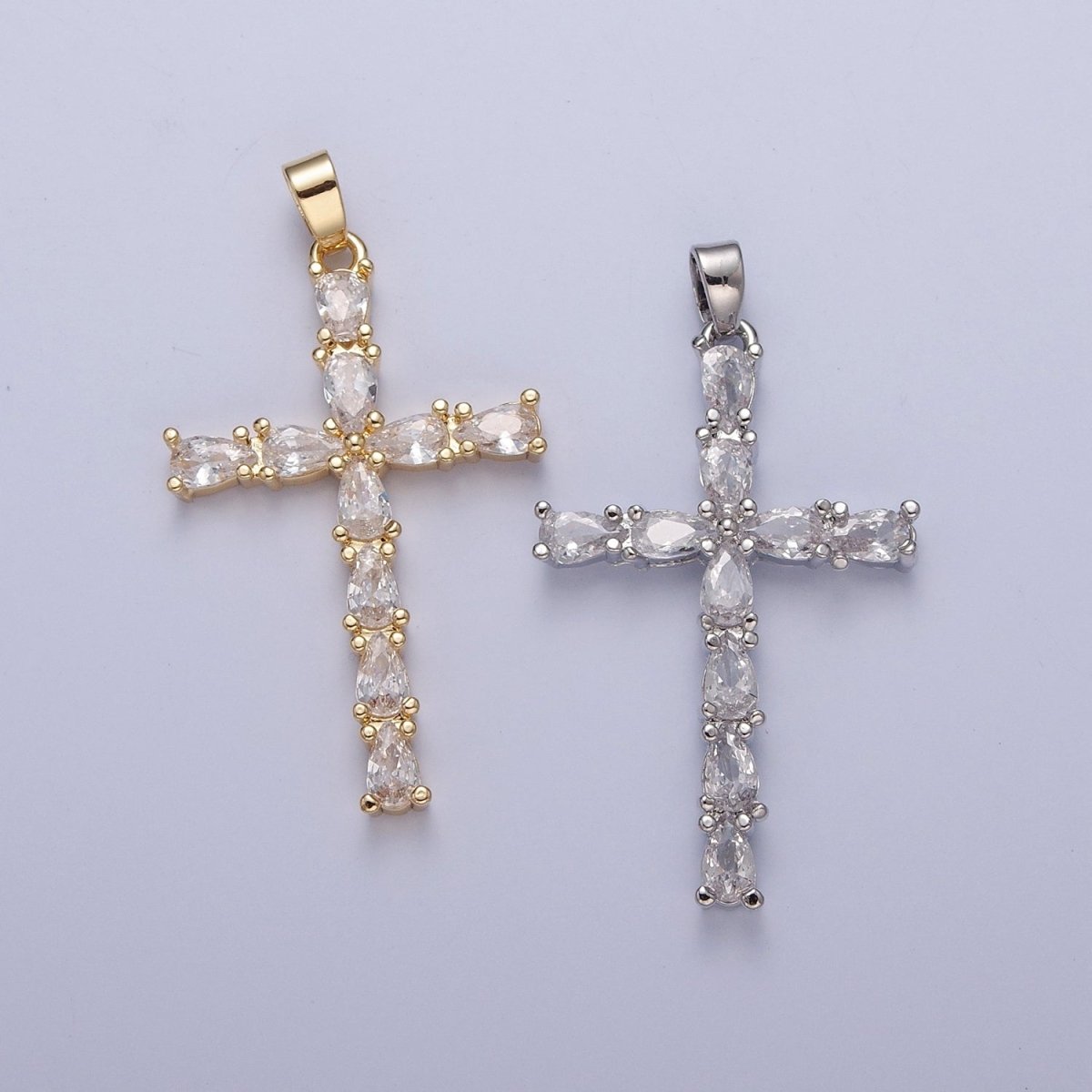 Gold / Silver Tear Drop Cz Cross Pendant for Necklace Rosary Component X-325 X-326 - DLUXCA