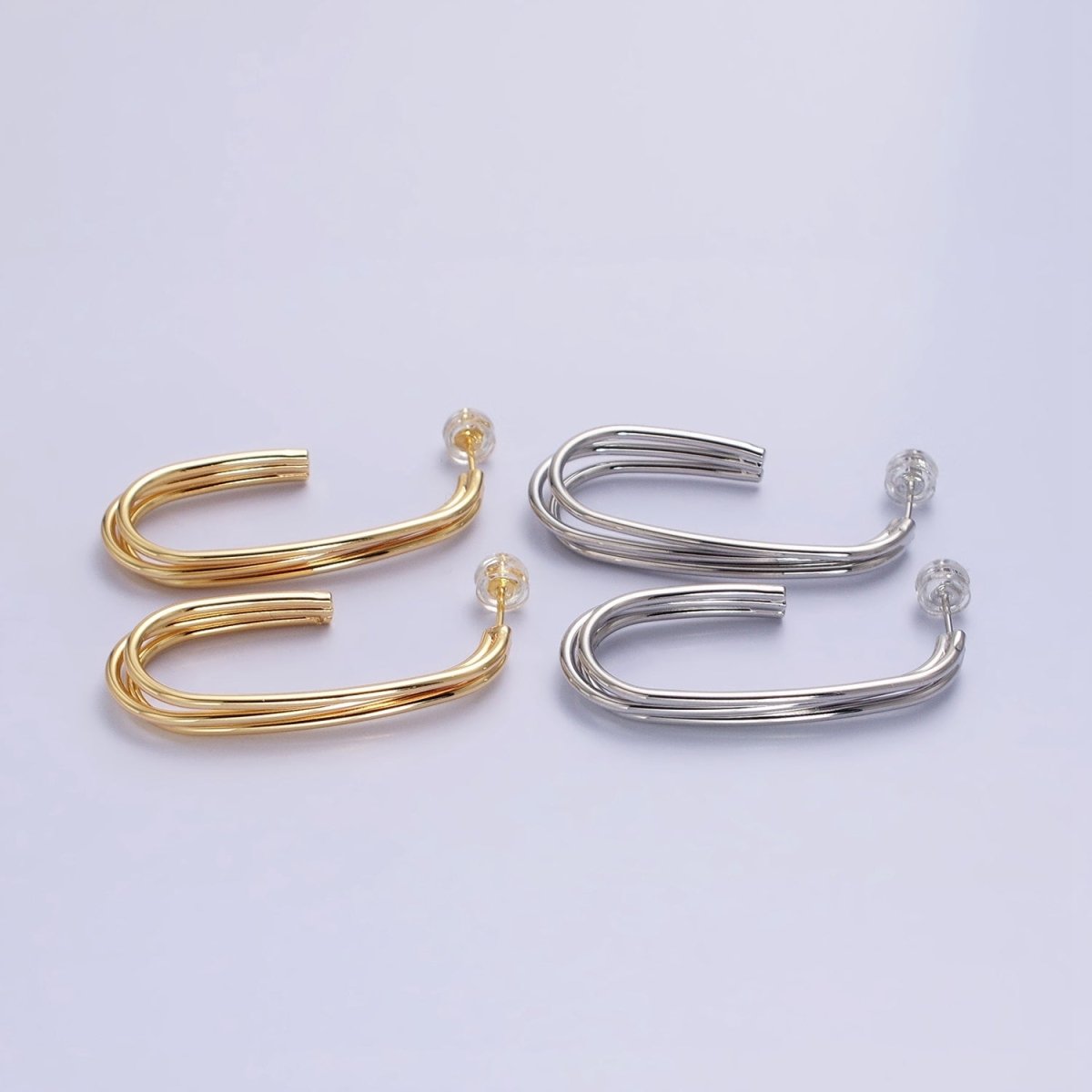 Gold, Silver Triple Band 40mm J-Shaped Geometric Hoop Earrings | AB627 AB628 - DLUXCA