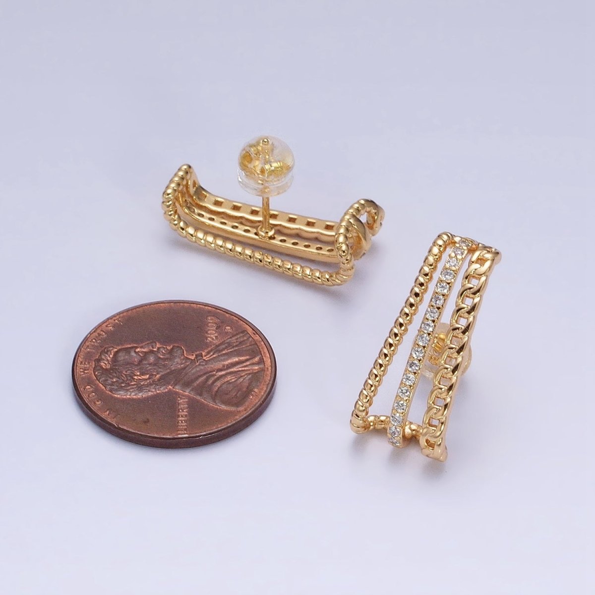 Gold, Silver Triple Bar Curb Micro Paved Twist 20mm Stud Earrings Set | AD937 AD938 - DLUXCA