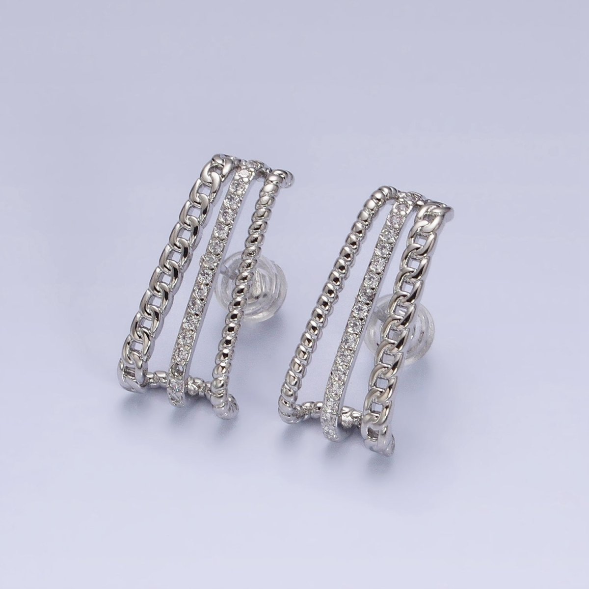 Gold, Silver Triple Bar Curb Micro Paved Twist 20mm Stud Earrings Set | AD937 AD938 - DLUXCA