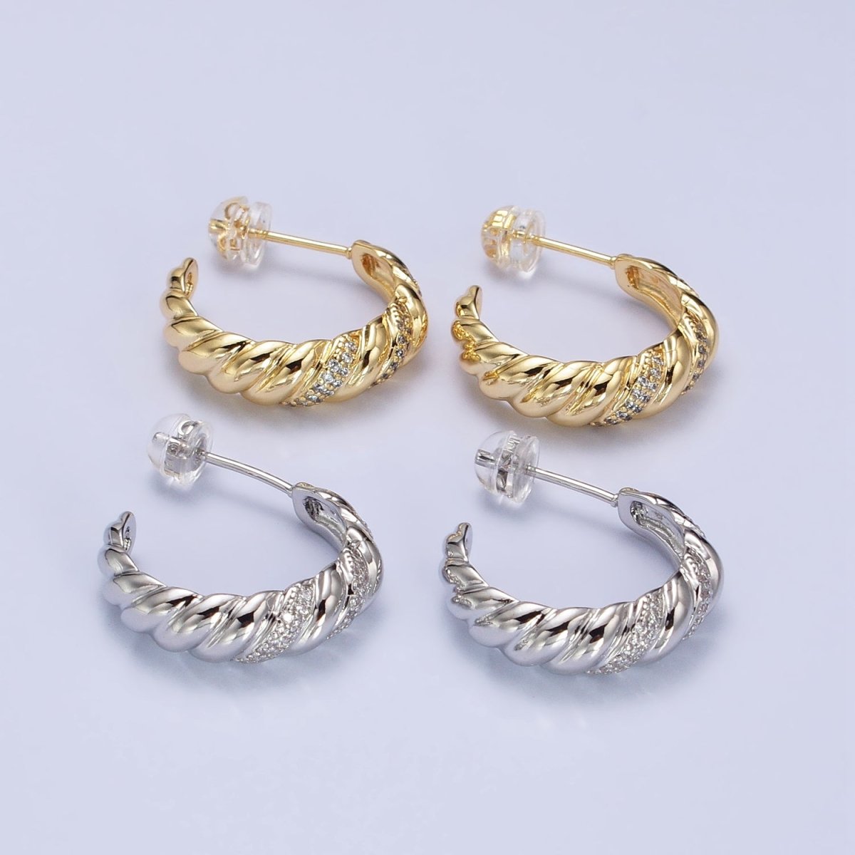 Gold, Silver Triple Micro Paved CZ Croissant C-Shaped Hoop Earrings | AB482 AB731 - DLUXCA