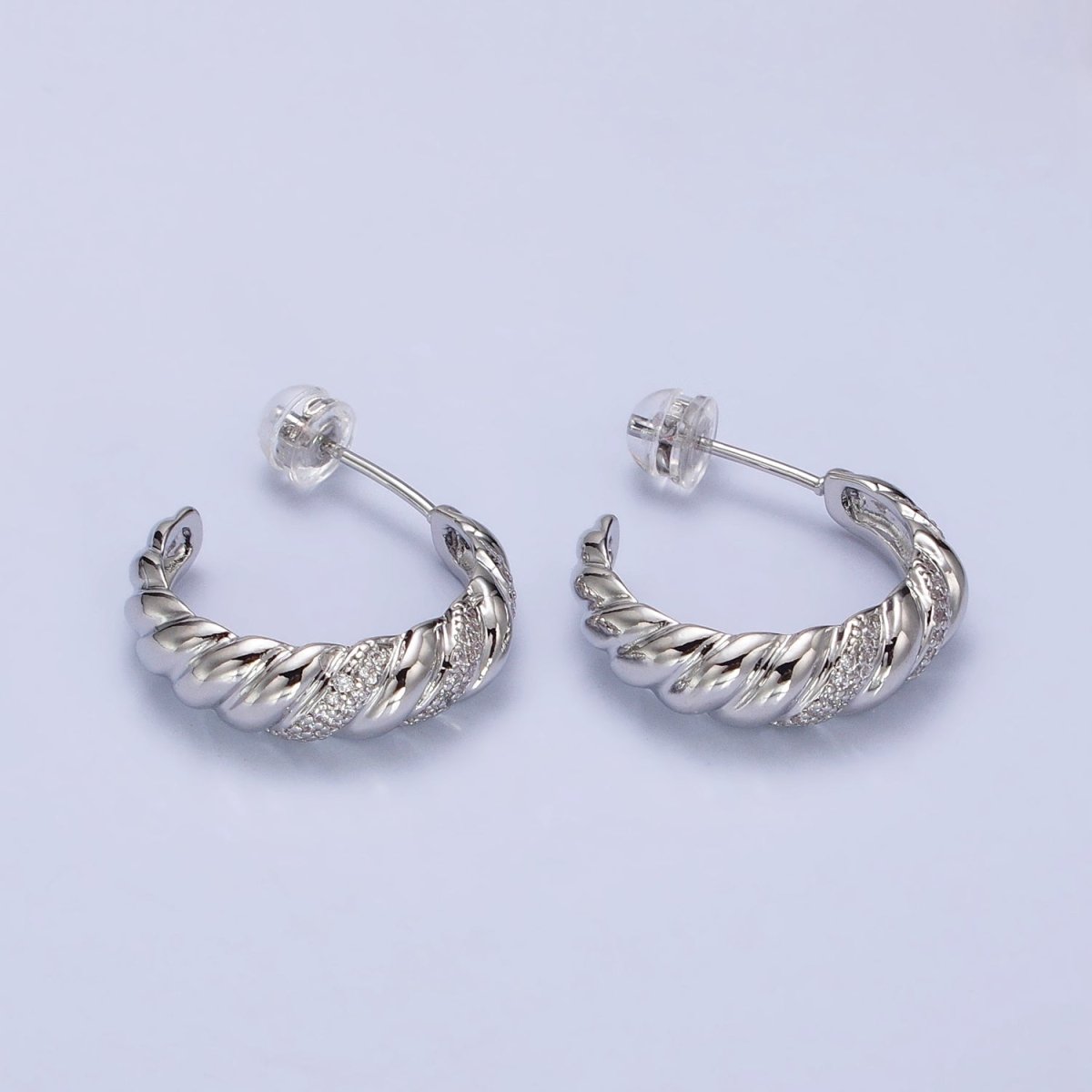 Gold, Silver Triple Micro Paved CZ Croissant C-Shaped Hoop Earrings | AB482 AB731 - DLUXCA