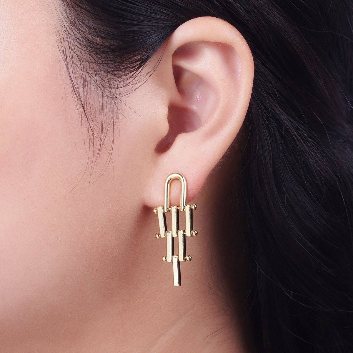Gold & Silver U Shaped Bar Link Dangle Studs Earrings | Y-112 Y-113 - DLUXCA