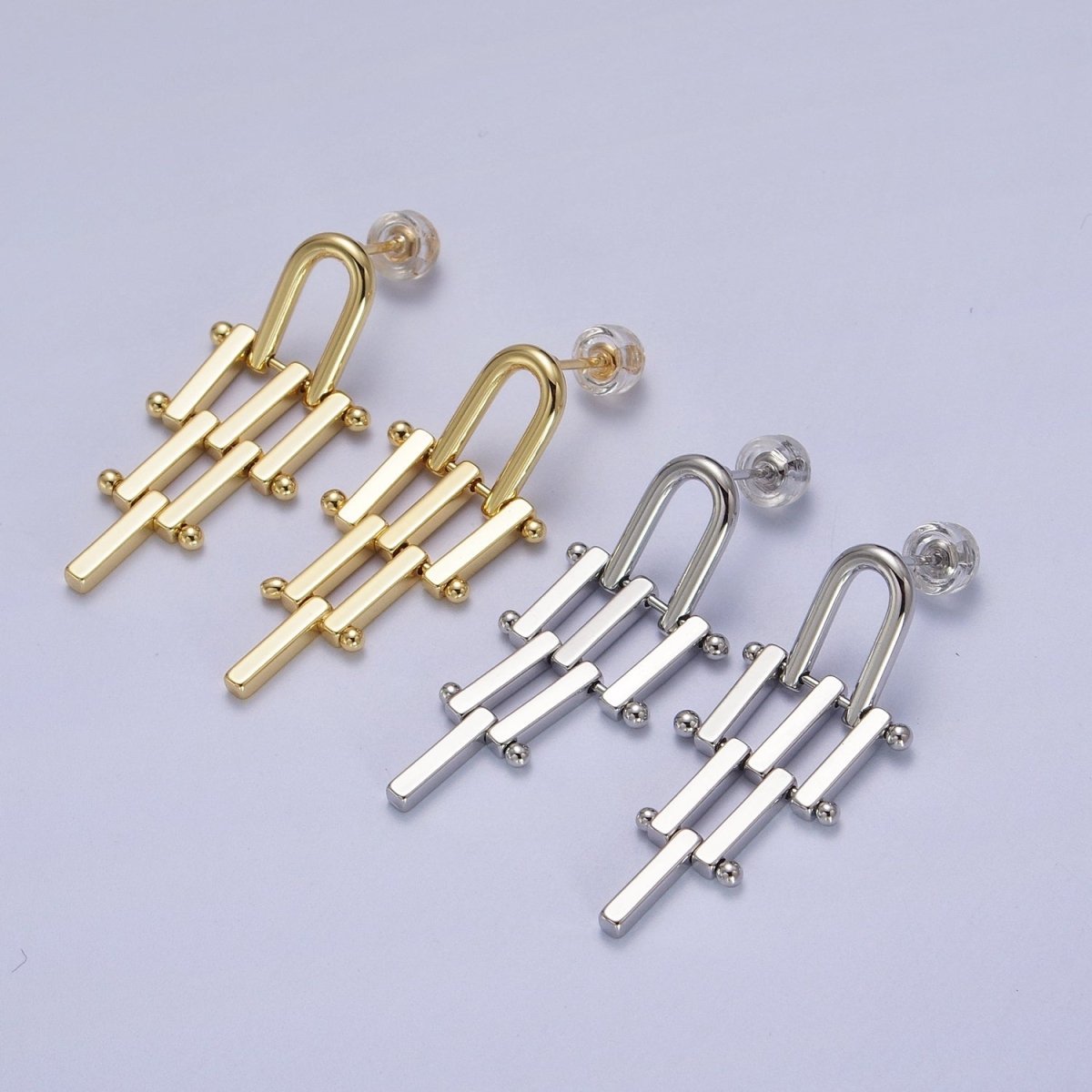 Gold & Silver U Shaped Bar Link Dangle Studs Earrings | Y-112 Y-113 - DLUXCA