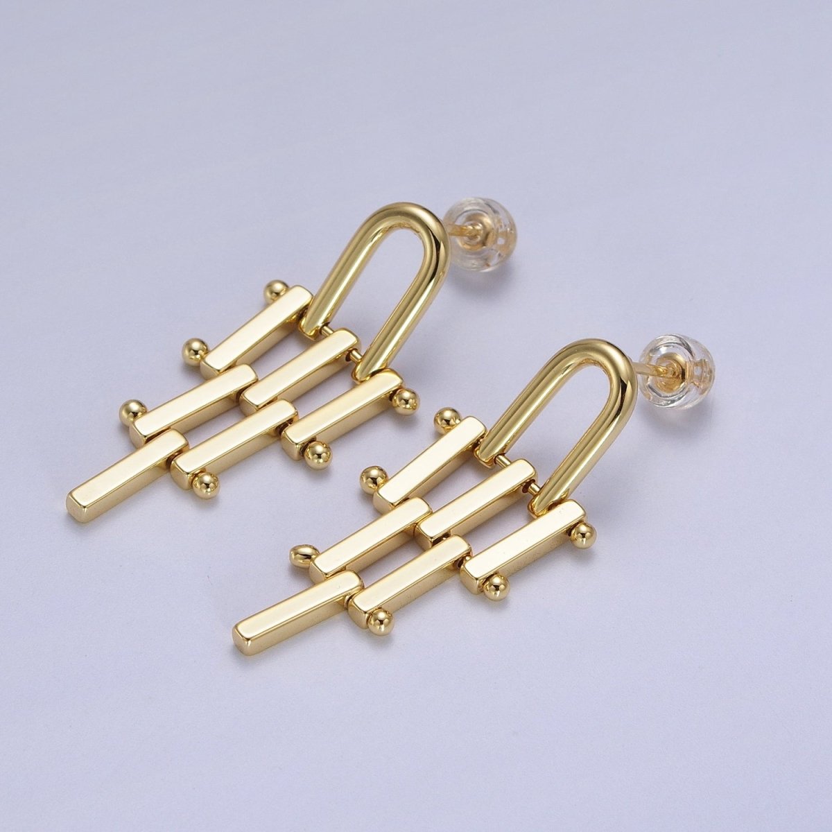 Gold & Silver U Shaped Bar Link Dangle Studs Earrings | Y-112 Y-113 - DLUXCA