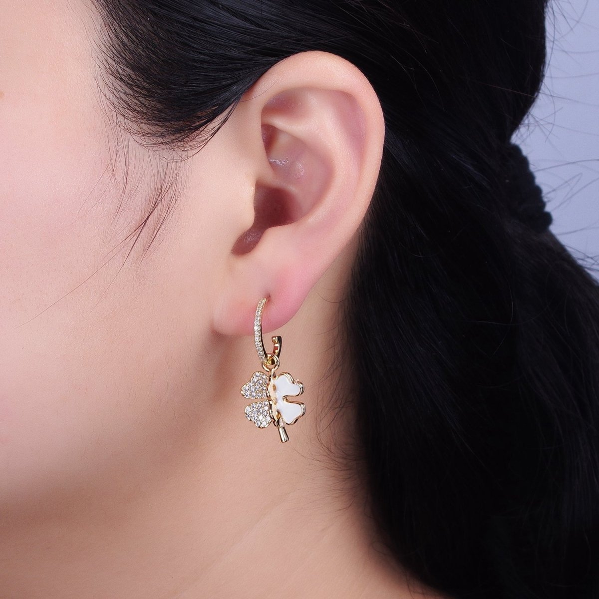 Gold, Silver White Enamel Micro Paved CZ Clover Drop J-Shaped Hoop Stud Earrings | AD785 AD797 - DLUXCA