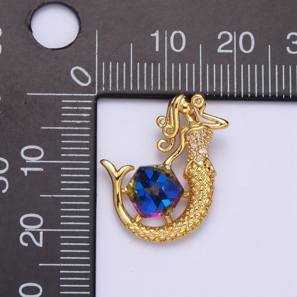 Gold Singing Mermaid with Hexagonal Cubic Zirconia Treasure Pendant For DIY Jewelry Making | X-677 - DLUXCA